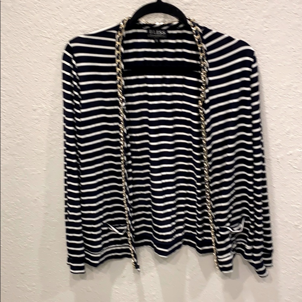 Navy Striped Cardigan with Gold Chain